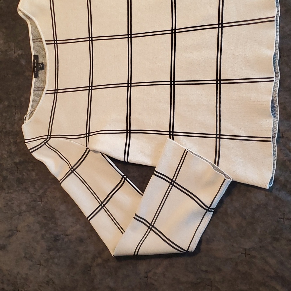 Ann Taylor Black and White Crew Neck Sweater with Grid Pattern